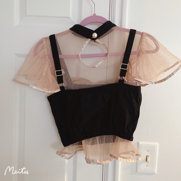 Japanese Swankiss Choker Crystal Ruffle Ribbon Bow Crop Tank Top Blouse - Picture 10 of 11